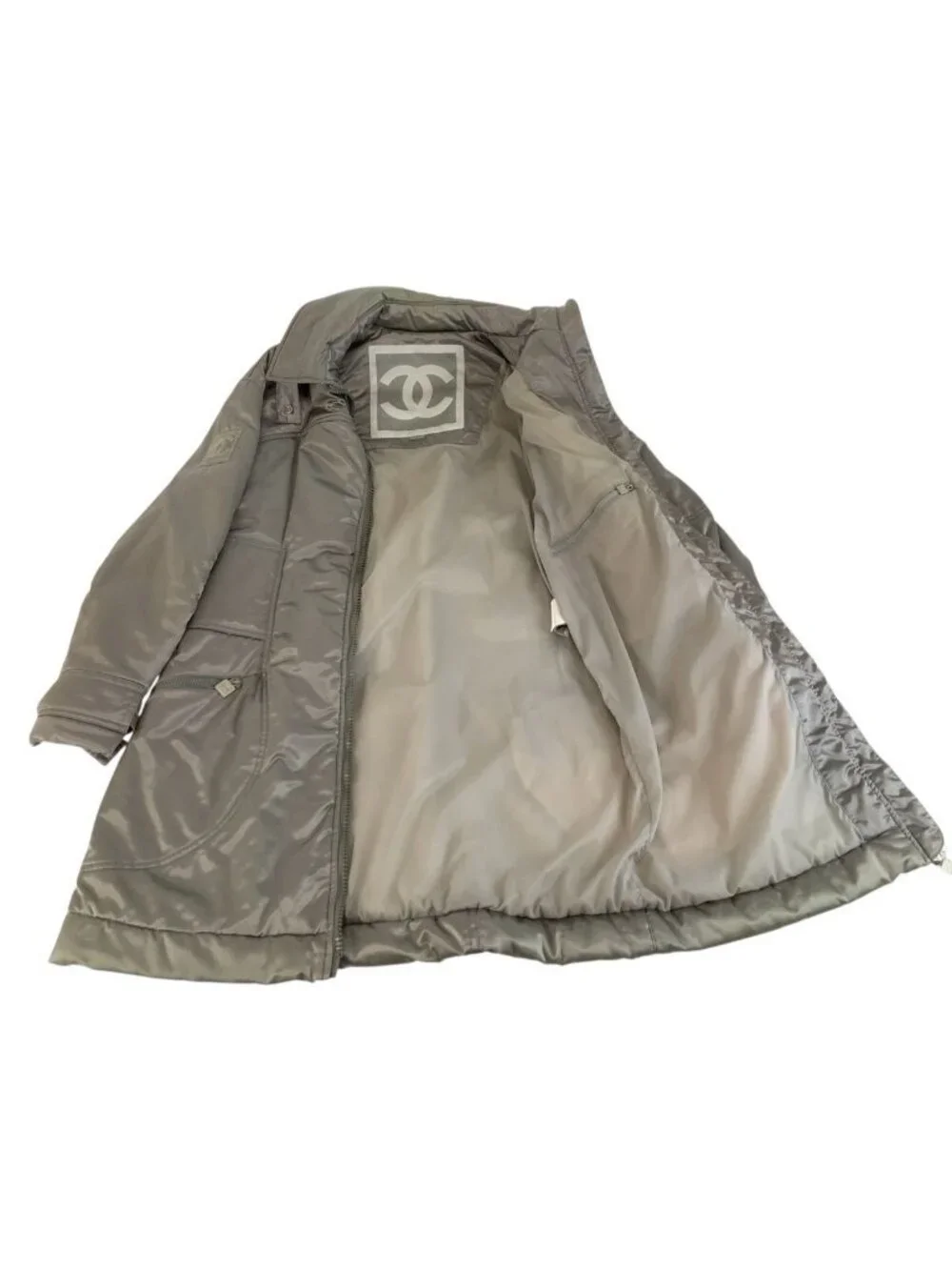 Chanel Sports Line CC Logo Gray Silver Down Coat Zip Upcoat